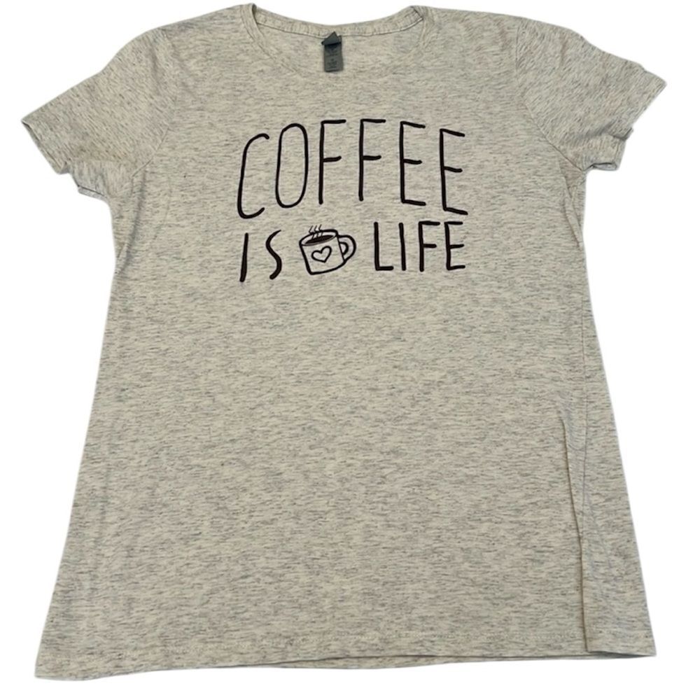 Jerzees szL fits like a M “coffee is life” cream & brown SS T-shirt EUC